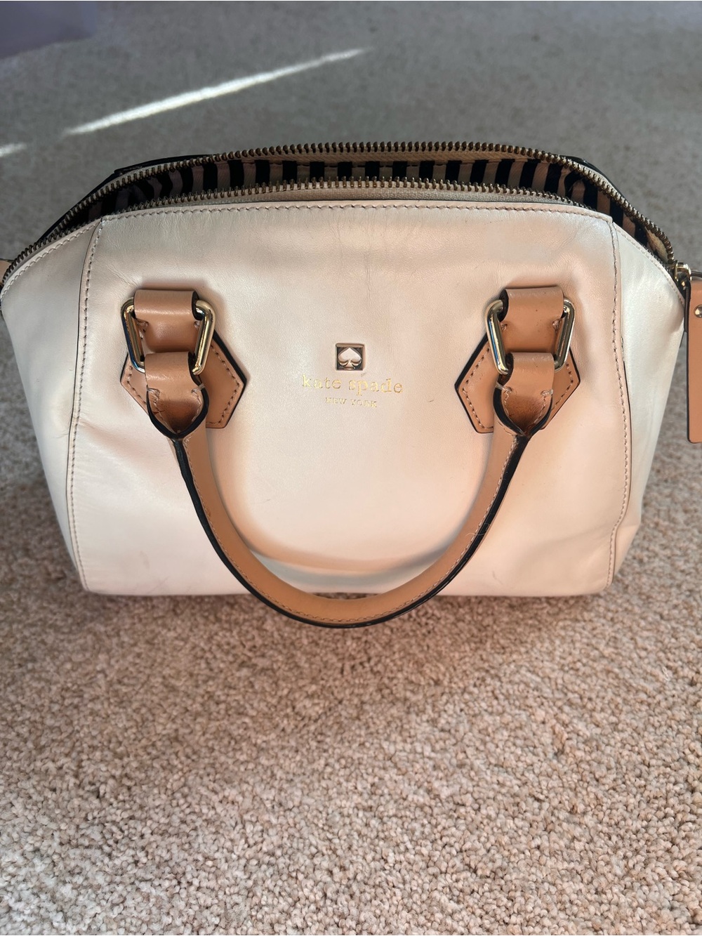 kate spade Cream Leather Satchel with Tan Trim and Gold Hardware
